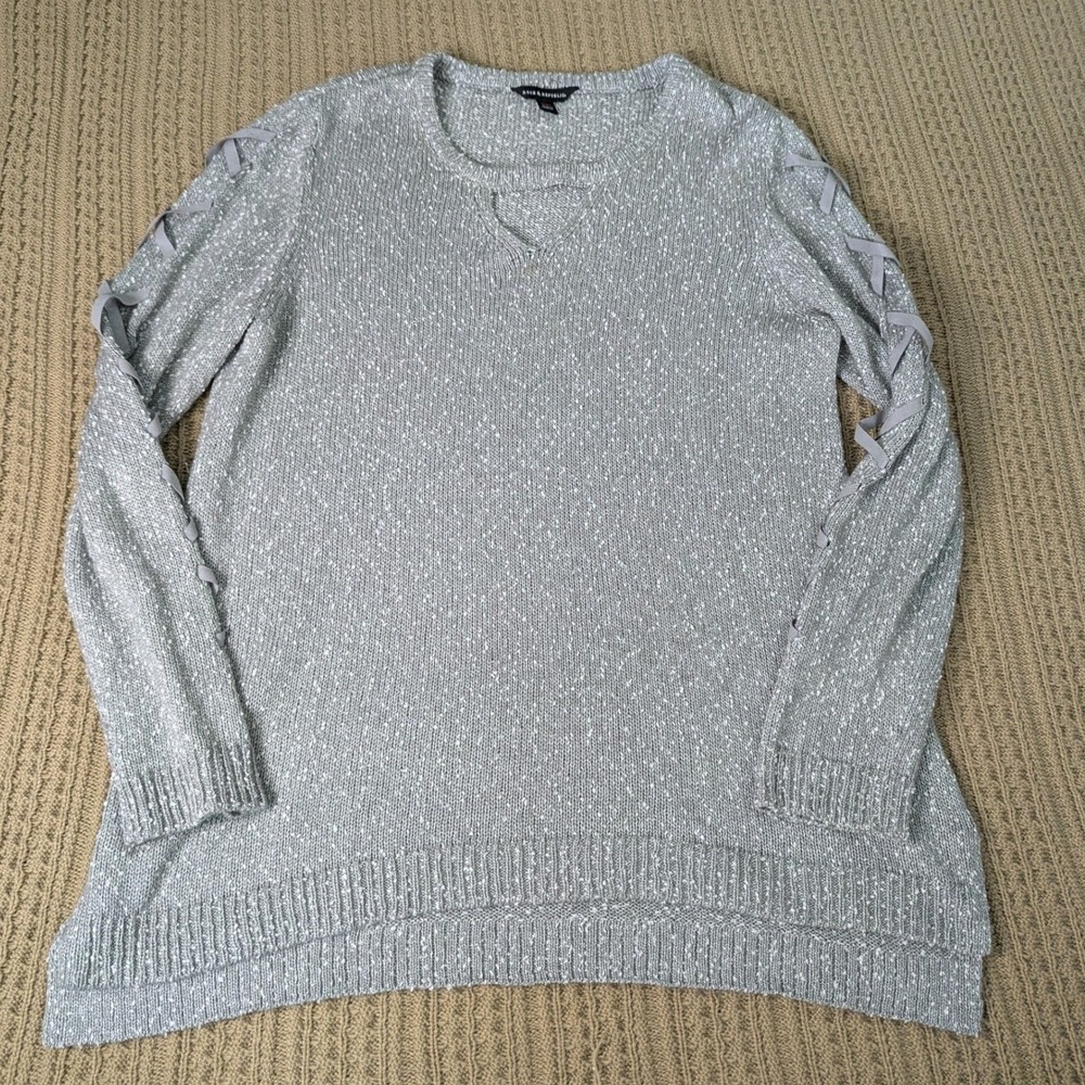 Rock & Republic Womens XXL Grey Lace Up Sleeve Keyhole Neck Knit Sweater